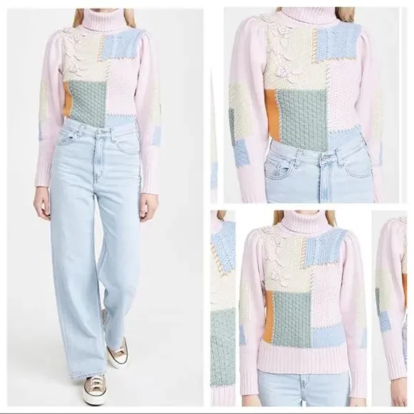 LoveShackFancy Allan Patchwork Turtleneck Sweater Pullover Size M in Autumn Fest